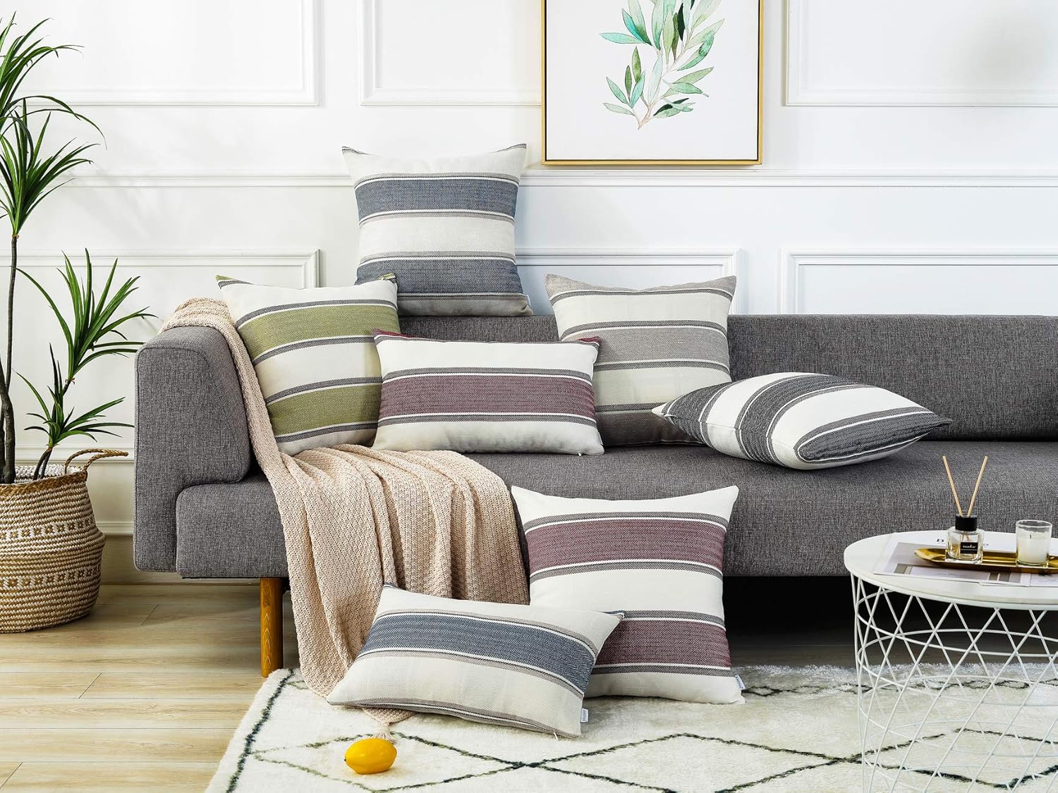 AmHoo Pack of 2 Farmhouse Linen Throw Pillow Cover Cushion Stripe Decoration Buffalo Retro Pillowcase with Hidden Zipper for Sofa Bedroom Car 22 x 22 Inch Blue - Image 2