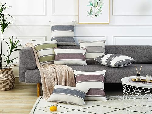 Miniatura 2 de AmHoo Paquete de 2 fundas de almohada de lino estilo rural, decoración a rayas, funda de almohada retro con cremallera oculta para sofá, dormitorio