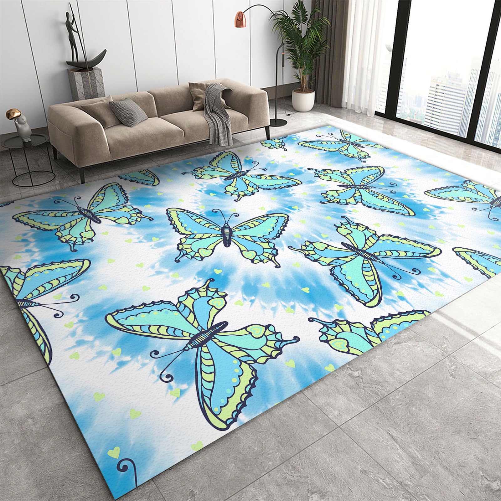 Area Rug 60x90cm Boho Classroom Rug, Light Blue Cartoon Butterfly Print Area Rug, Machine Washable Inside Floor Door Mat, Low-Profile Entryway Rugs, Home Decor Rug for Sofas Study Dorm Entryway