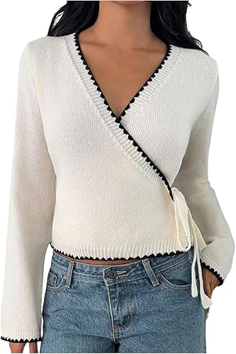 Verdusa Women's Cozy V Neck Wrap Sweater Tie Front Cute Holiday Cardigan Apricot