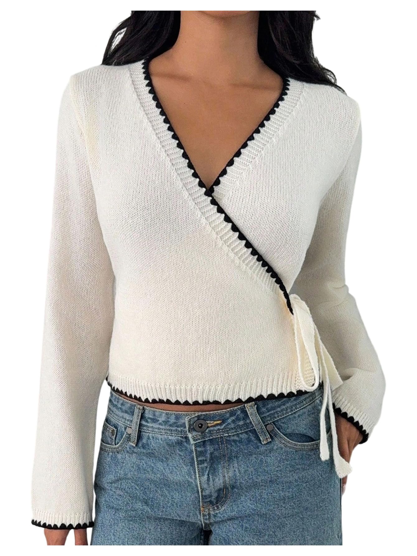Verdusa Womens Cozy V Neck Wrap Sweater Tie Front Cute Holiday Cardigan