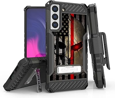 Beyond Cell Tri-Shield Kickstand Phone Case with Belt Clip Holster Compatible with Samsung Galaxy S22 Military Grade Drop Tested Rugged High Impact Shockproof American Flag Spartan Skull