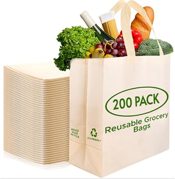 Simply Cool Cotton Beige Reusable Tote Bags 13x15 (50 Pack) and Large Cream Reusable Shopping Bags 15x14x6.6 Foldable, Tote Bags Bulk (200 Pack)