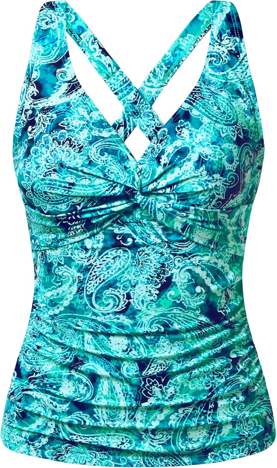 Tummy Control Tankini Top Only - Women Twist V Neck Swim Tops Criss Cross Swimsuit Bathing Suit Top 2025 - Image 6