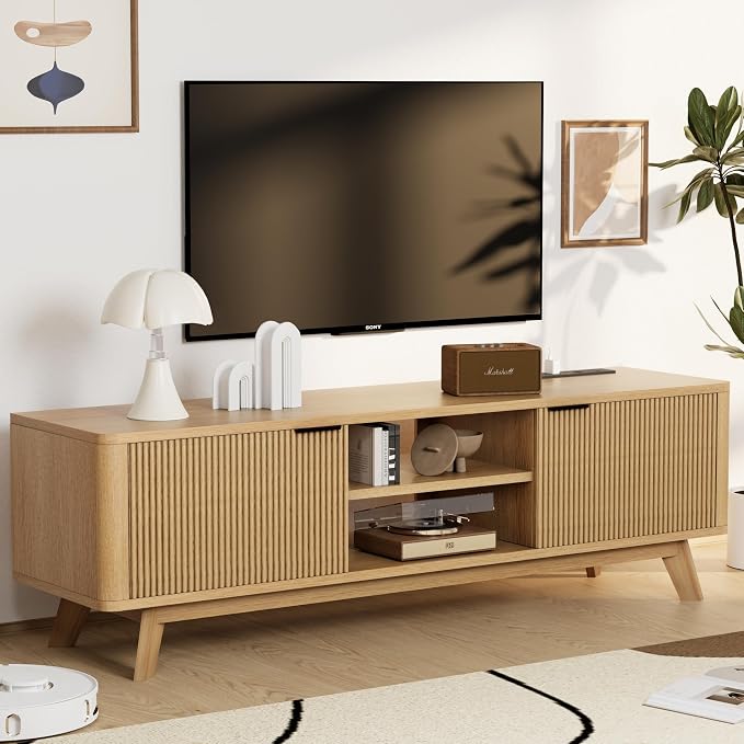 Modern TV Stand for Living Room,Large TV Table with Fluted Door Cabinets and Open Shelves,Entertainment Center with Storage and TV Mount,Media Console Cabinet with Socket,Wood Grain