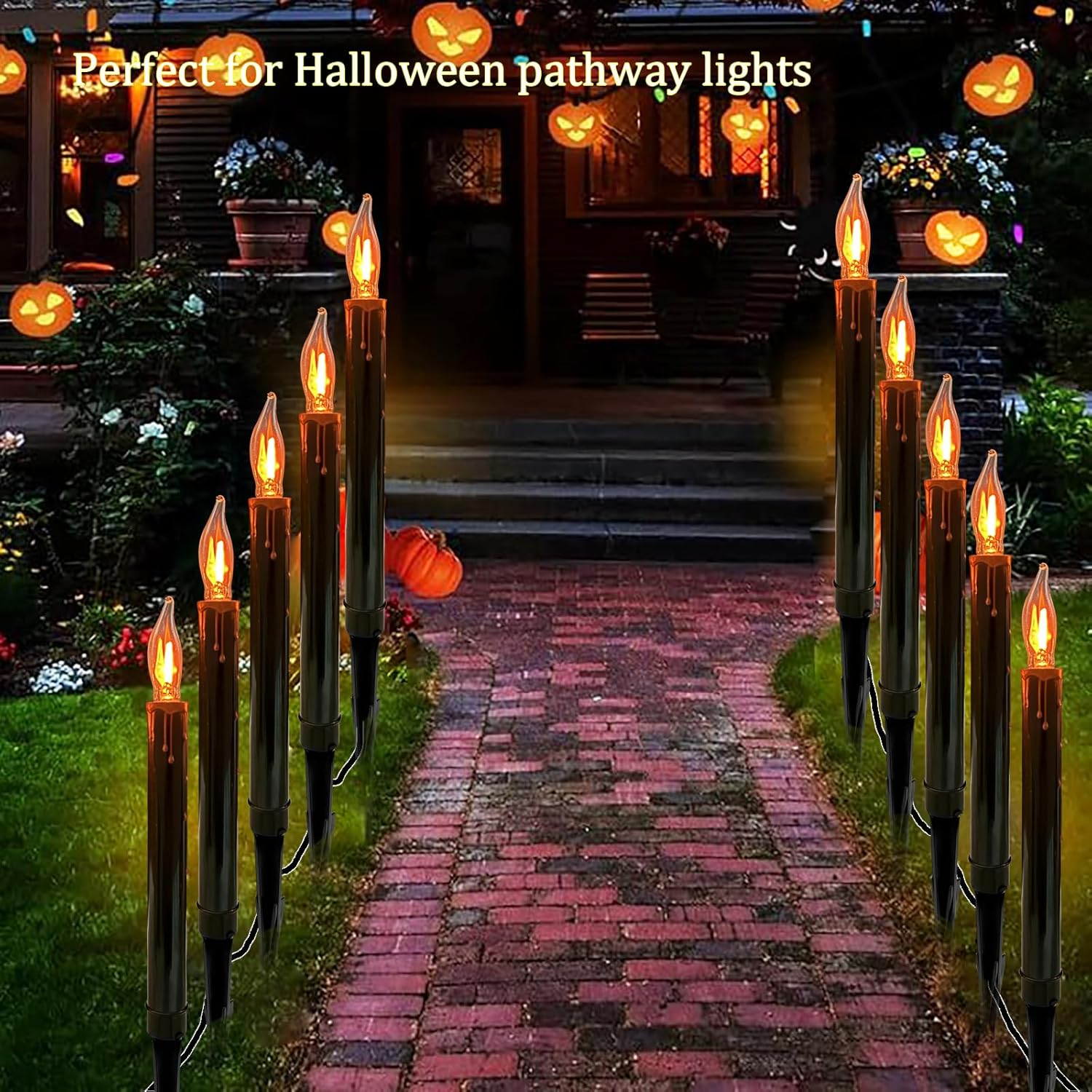 10 Pack 20 Ft Flicker Flame Candle Lawn Stakes Extendable Lighted up Garden Party Walkway Driveway Sideway Outdoor Halloween Pathway Lights