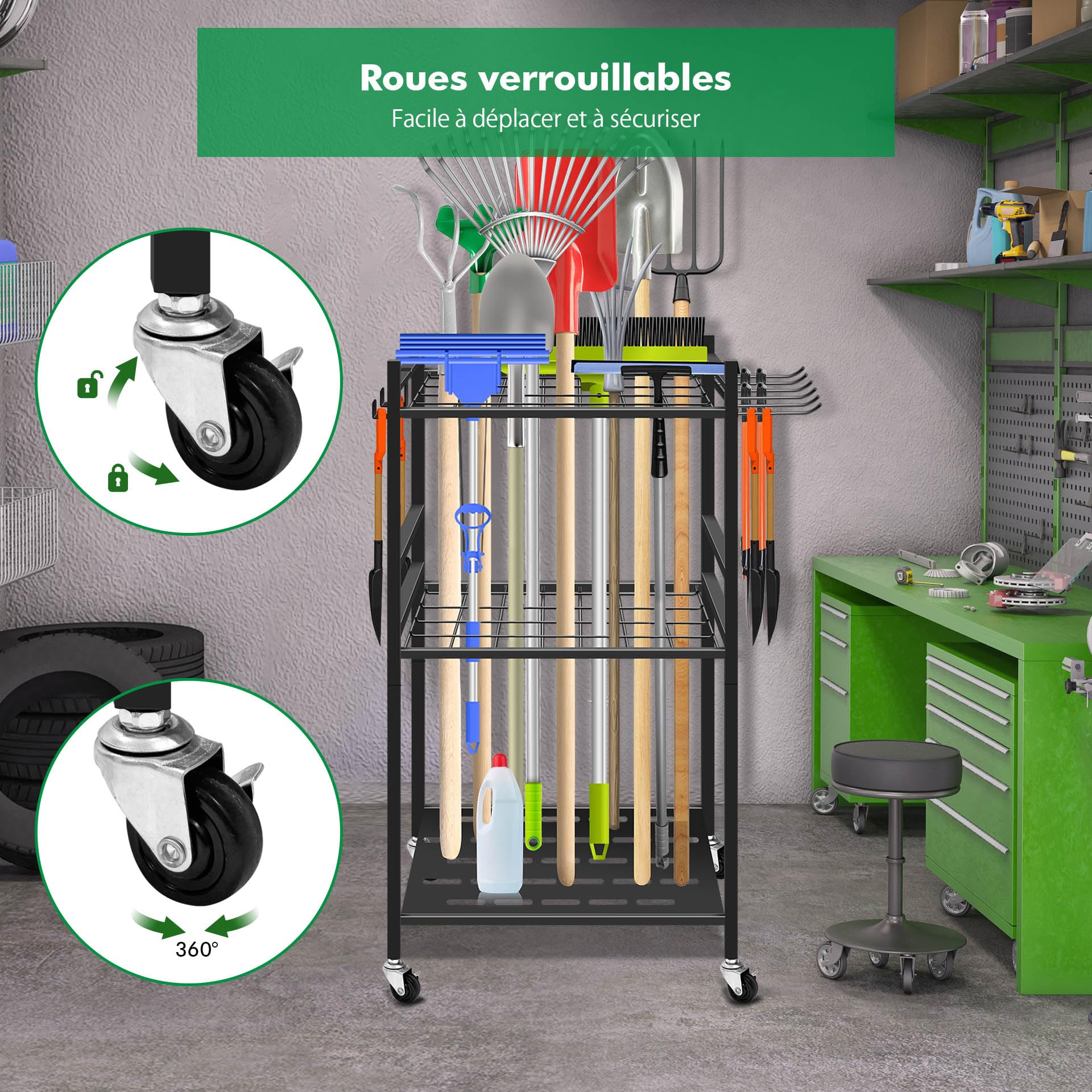 Mimoke Étagère à outils de jardin avec crochets mobiles et roulettes verrouillables – Rangement facile des accessoires d'outils dans le jardin, le garage grâce aux roues pivotantes à 360°