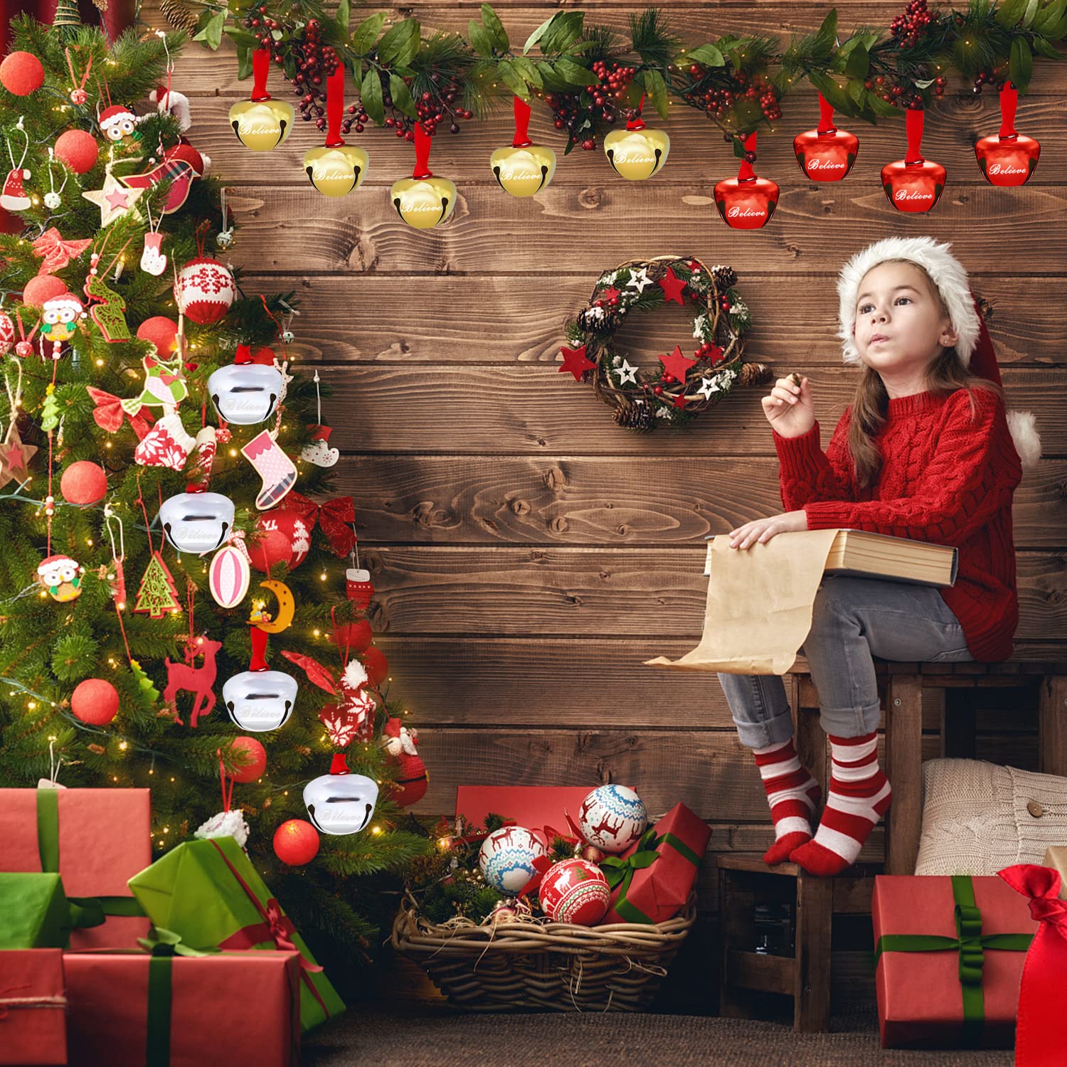 32 pezzi 3,6 pollici Believe Bells, campanelle per albero di Natale, campane Polar Express per fai da te, vacanze, artigianato, casa, decorazioni per matrimoni (oro+argento)