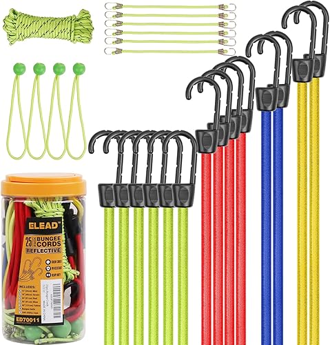 ELEAD 25 cuerdas elásticas con ganchos en tarro de almacenamiento, varios tamaños de 10, 18, 24, 32, 40 pulgadas, cuerda luminosa de 23 pies, lazos