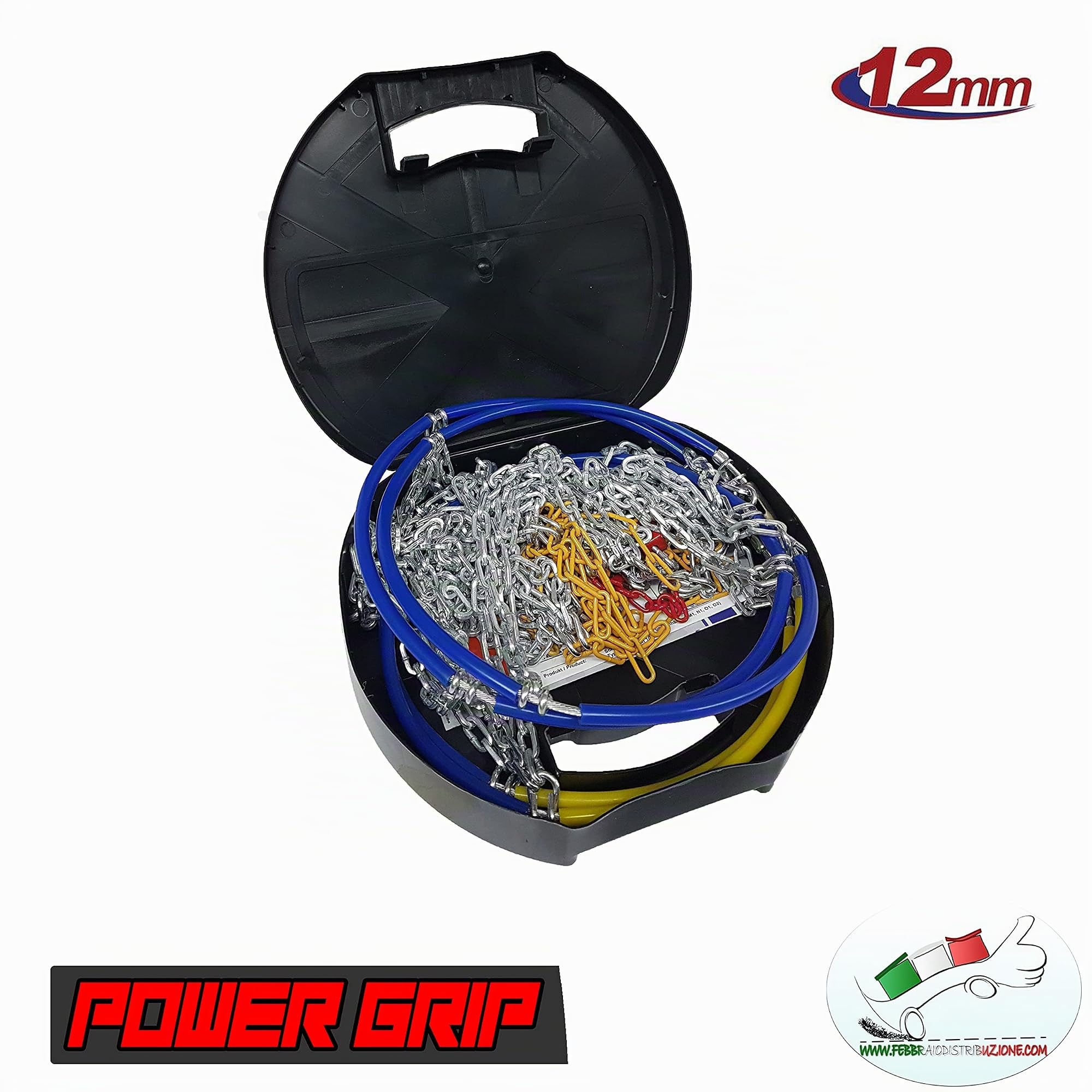 Catene da Neve 12mm Omologate TÜV GS Onorm Gruppo 100 Lega di Acciaio Montaggio Facile con Tensore Auto-bloccante Compatibile con Varie Misure di Pneumatici POWER GRIP