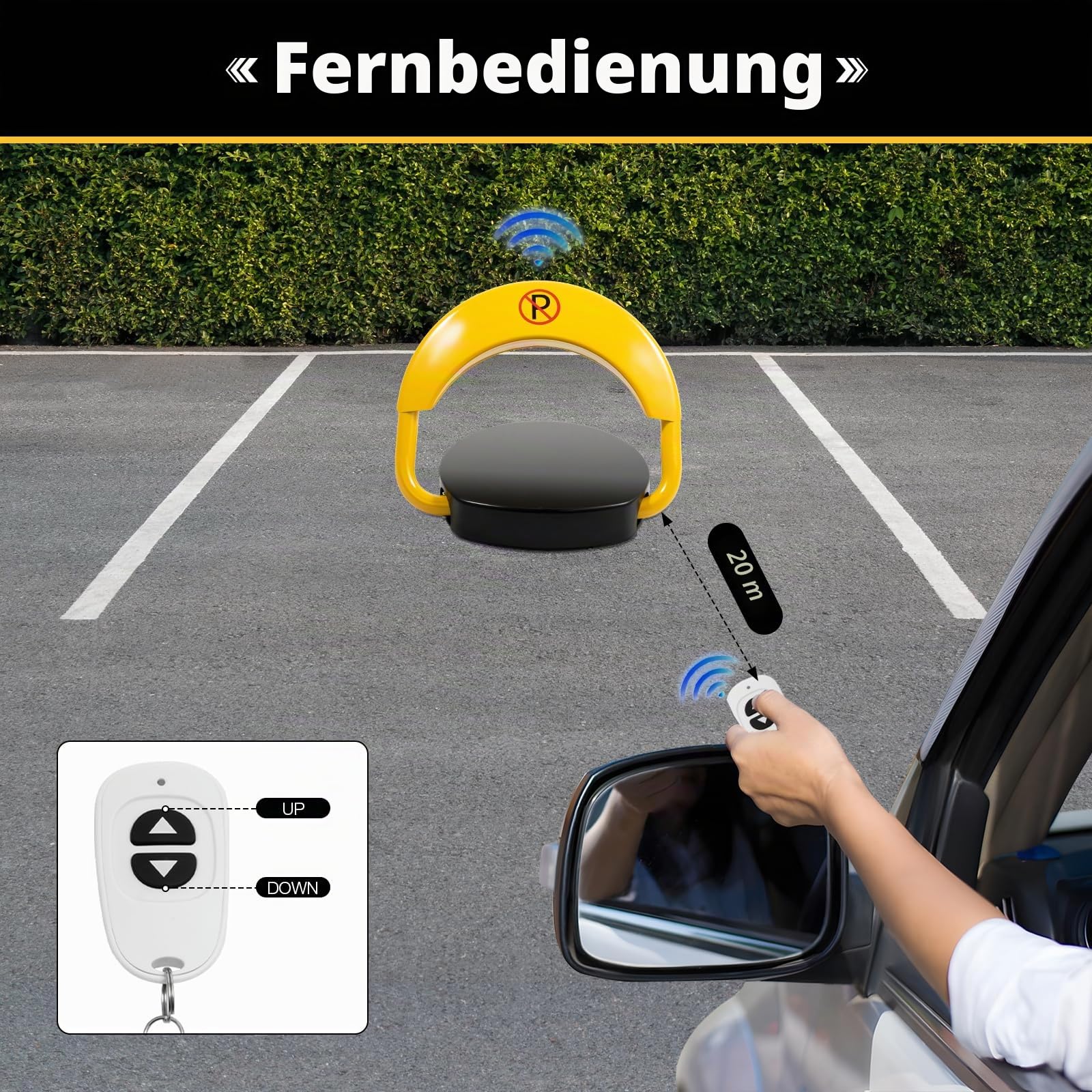 Parkplatzsperre mit 2x Fernbedienung Parkbügel Elektrisch Parkplatzsperre mit Batterie Automatik Klappbar Parksperre Parkplatzsperre Elektrisch mit Reflektor