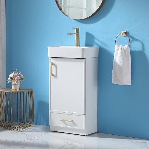 Popity Home 18 Inch Small Bathroom Vanity with Sink Combo - Modern Narrow White Vanity with Ceramic Basin