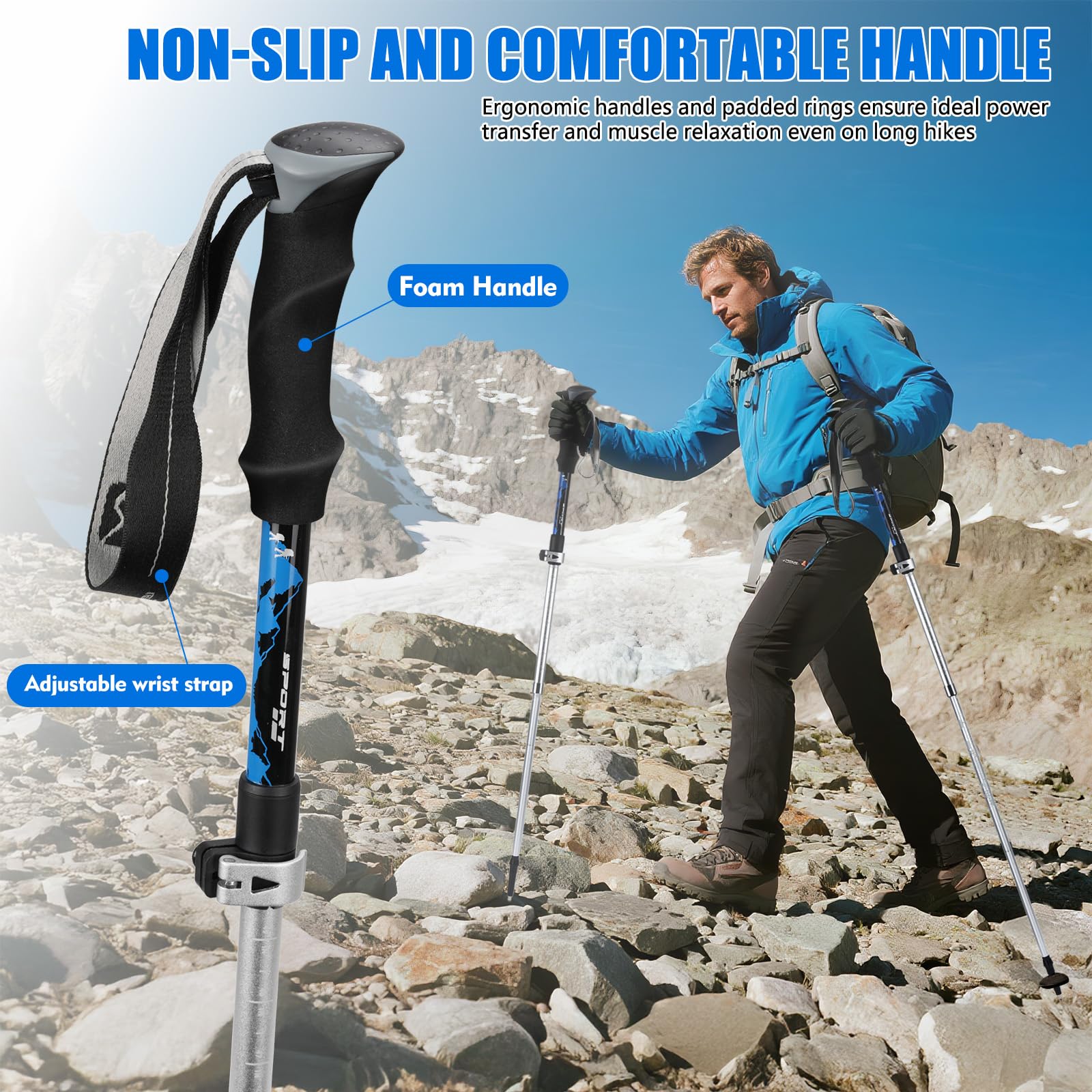 2 bastones de senderismo para hombre y mujer, bastones de senderismo de aluminio, plegables, ligeros, telescópicos, 110-125 cm, para montañismo, senderismo, esquí, trekking