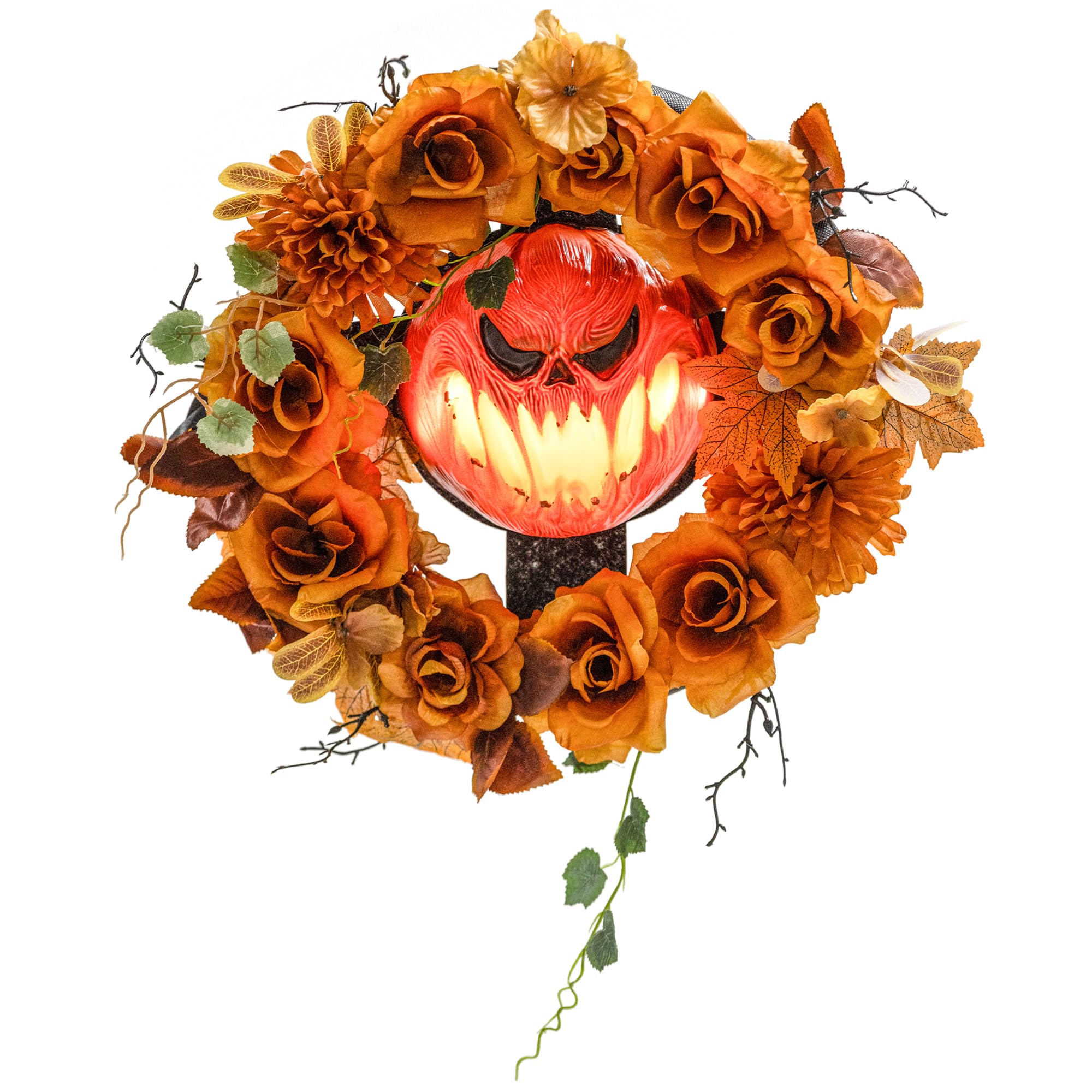 Outsunny Wiszący dyniowy wieniec z 44 diodami LED na drzwi i ogród | Dekoracja Halloween, Efekt płomienia, Straszna twarz dyni, Kwiaty, na imprezę