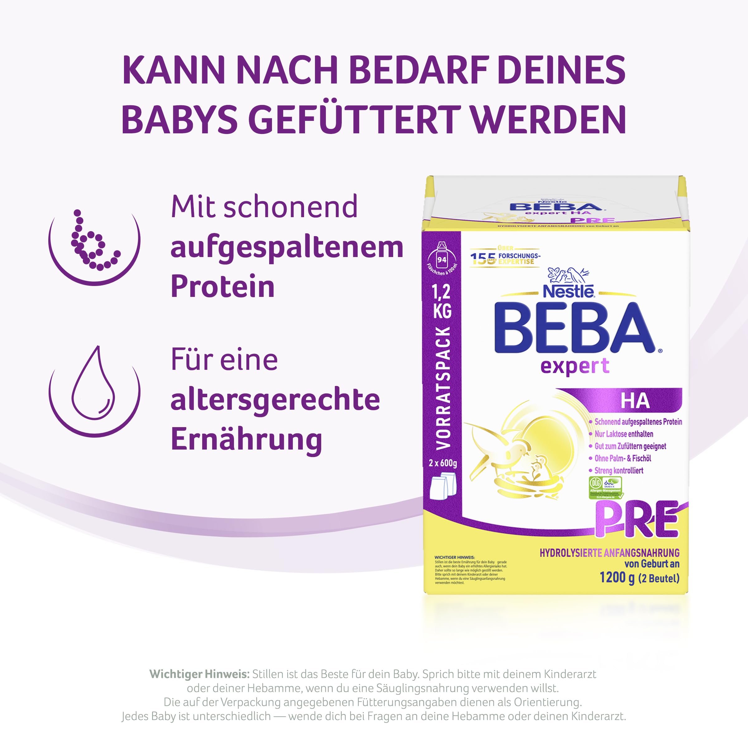 BEBA expert HA PRE Hydrolysierte Anfangsnahrung, Anfangsmilch von Geburt an, Babynahrung, Baby-Milchpulver, Vorratspack 1er Pack (1 x 1200g)