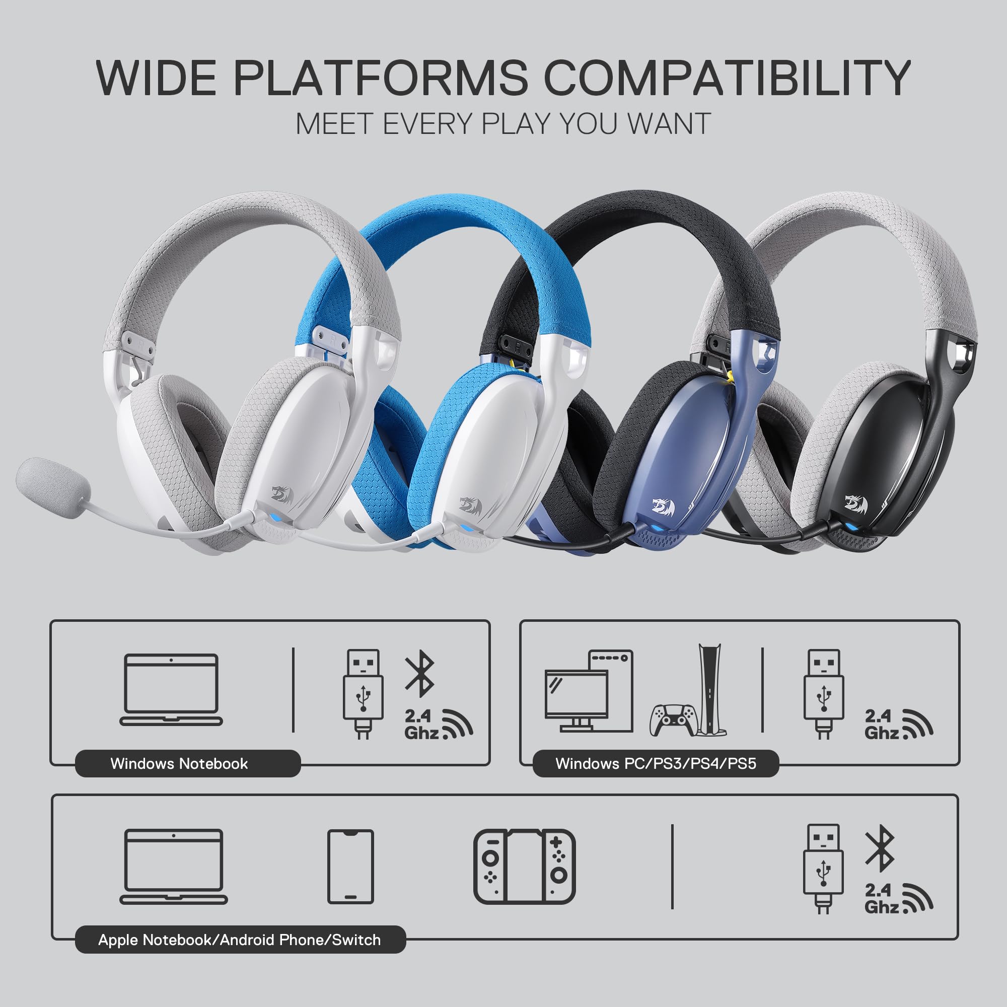 Redragon H878 Cuffie da Gioco Wireless a 3 Modalità con Retroilluminazione Blu - Leggere - Suono Surround 7.1 - Driver da 40MM - Microfono Rimovibile Multi Piattaforme per PC, PS5/4/3, Switch, Mobile
