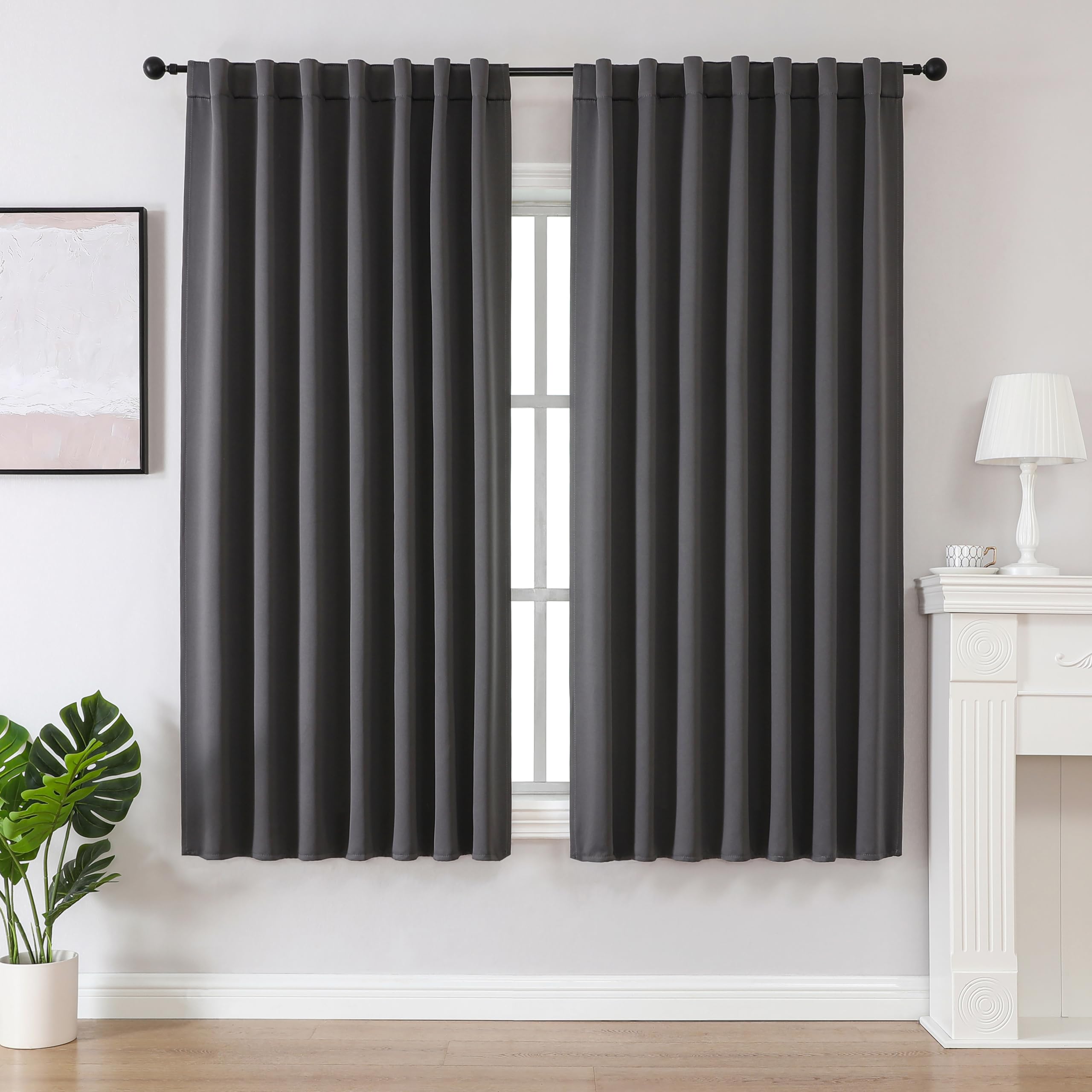 Joydeco Schlaufen Verdeckten Vorhänge 2er Set,H 145 x B 140 Dunkelgrau Verdunkelung Blackout Blickdicht Kurze Polyester Vorhang Stangendurchzug Gardinen Schlafzimmer Wohnzimmer Curtains