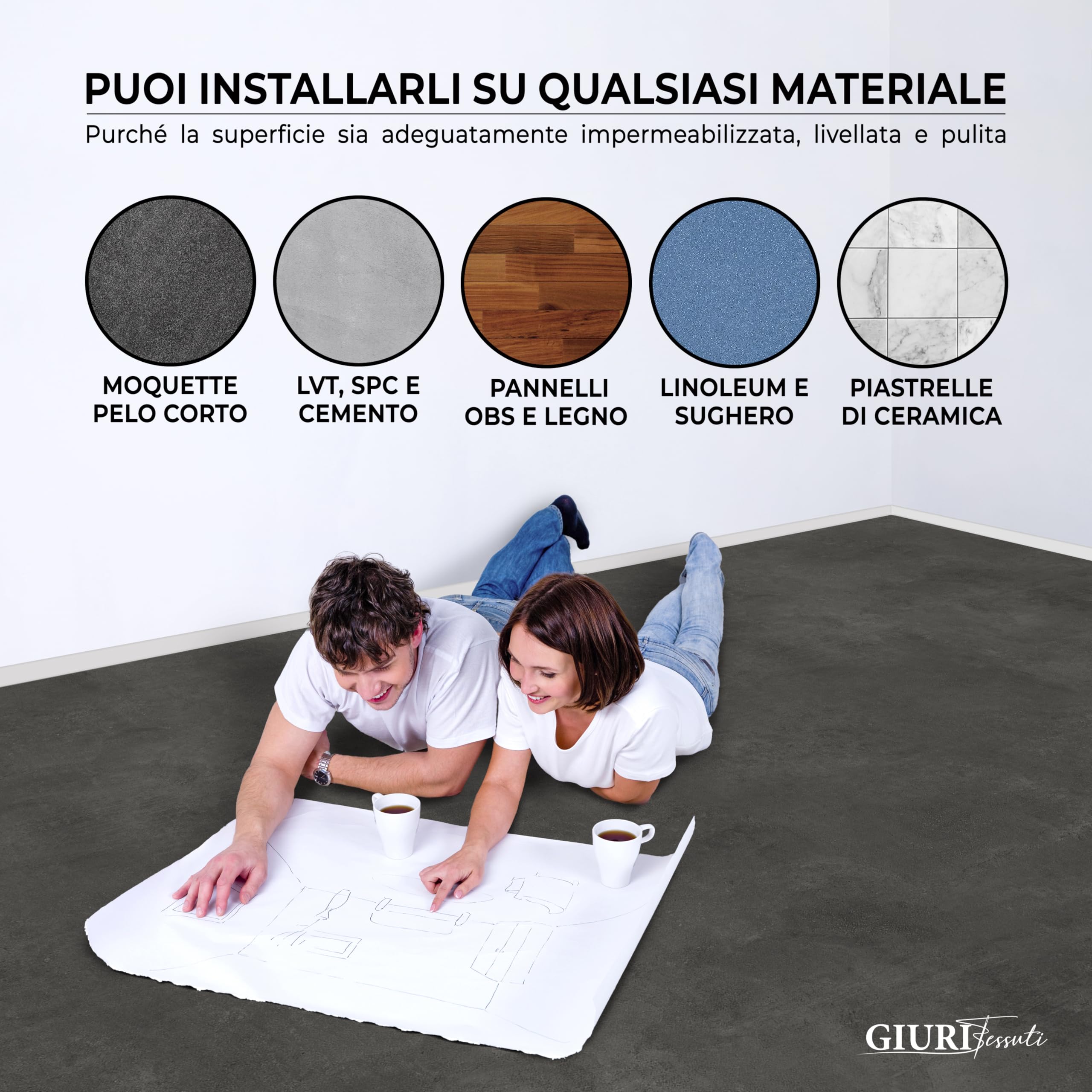 GIURI TESSUTI - Pavimento in PVC - Collezione Prestige - Rivestimento per superfici in Vinile Impermeabile con texture Antiscivolo e supporto Insonorizzante (H. 200 cm, LUNAR DARK)
