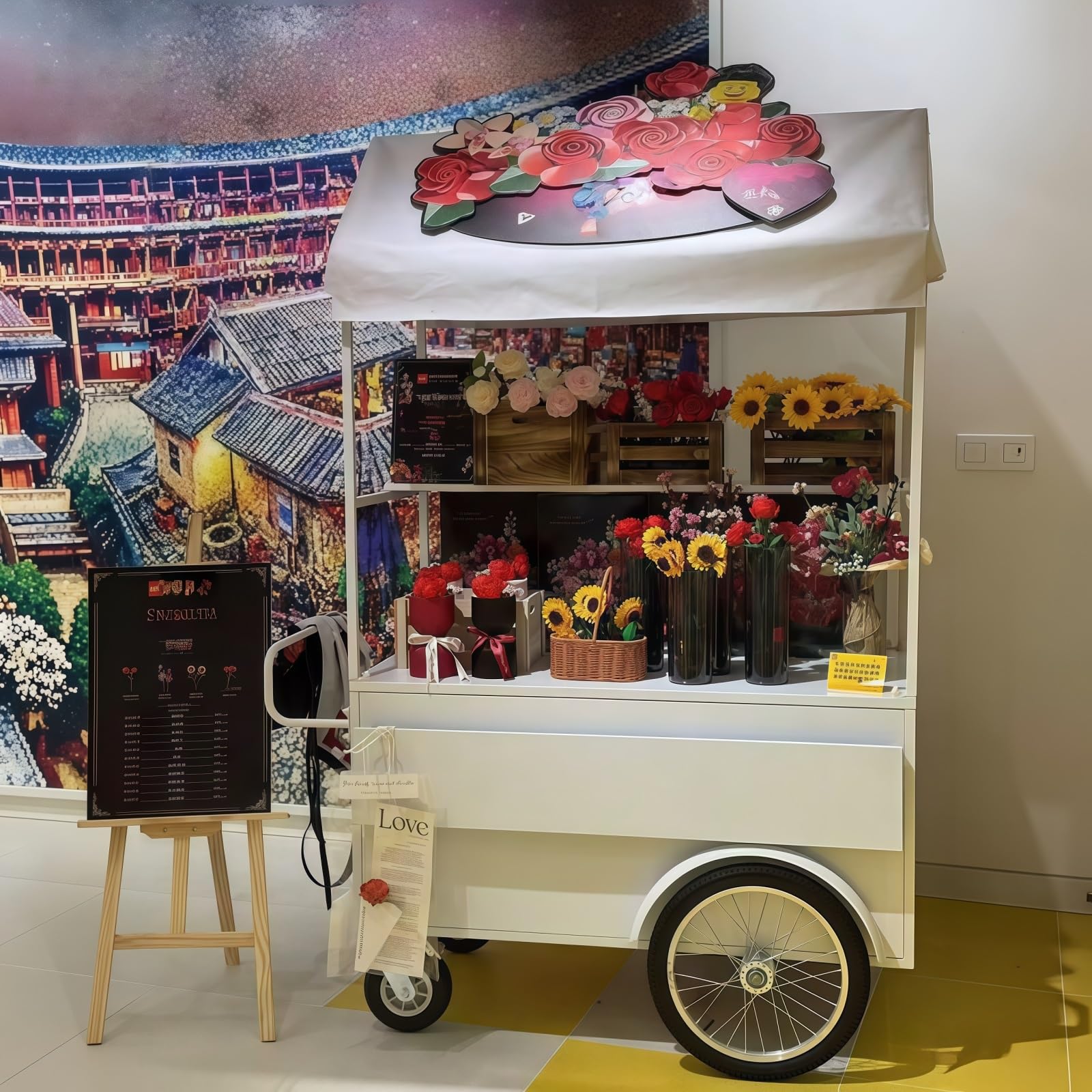 Blumen Verkaufswagen mit Lenkrollen, Mobiler Imbisswagen Tragbar for Marktstände, Außenverkauf und Pop-up Veranstaltungen(Yellow,55.1in/140cm)
