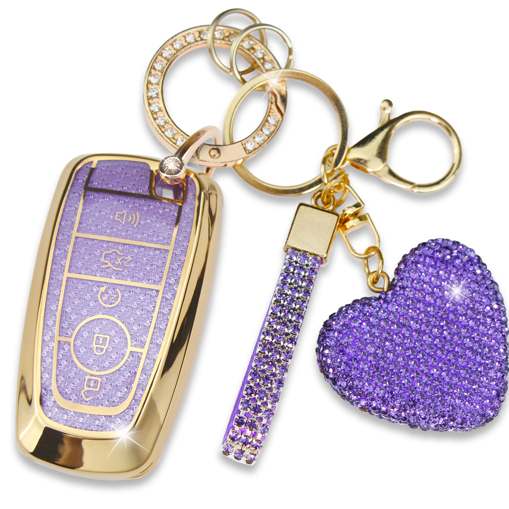 - Key Fob Cover with Diamond Keychain, Compatible with Ford Explorer Fusion Escape Edge Expedition F150 F250 F350 F450 F550 Maverick Mustang Car Key Shell (5 Buttons-Purple Heart)