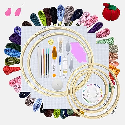 Miniatura 8 de ONESHAW Kit de bordado con patrón para principiantes, paquete de 10 piezas de punto de cruz, aros de bordado, tijeras, agujas e hilos de color, kit