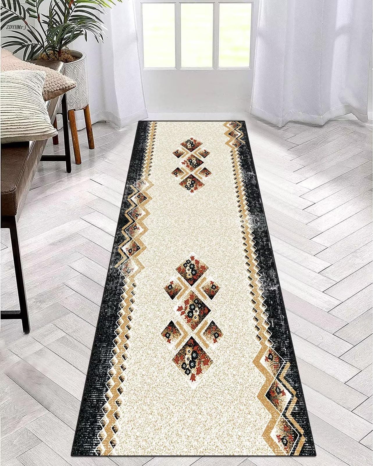 Tapijtloper voor gang, keuken, grijs, zwart, goud, antislip