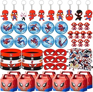 Spider Birthday Party Supplies,110Pcs Party Favors,Include 10 Button Pins,10 Finger Lights,10 Keychain,10 Spider Masks,50 Stickers and 10 Gift Boxes for Kids,Best For Fill Up the Goodie Bags for Spider Themed Party