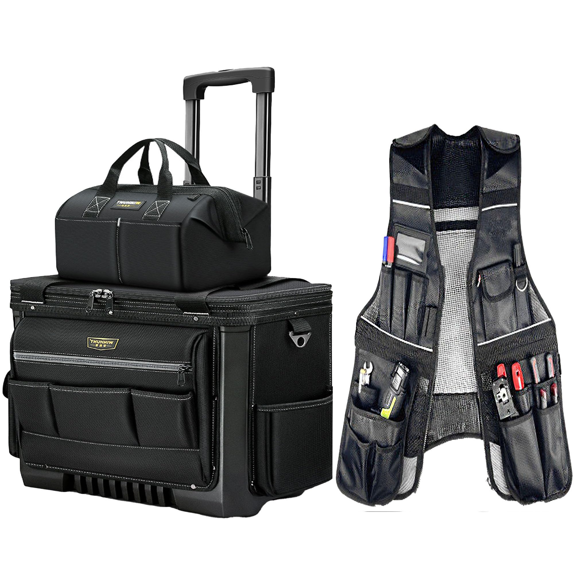 Rolling Tool Bag with Two Wheels Tool Vest for Men with Pockets