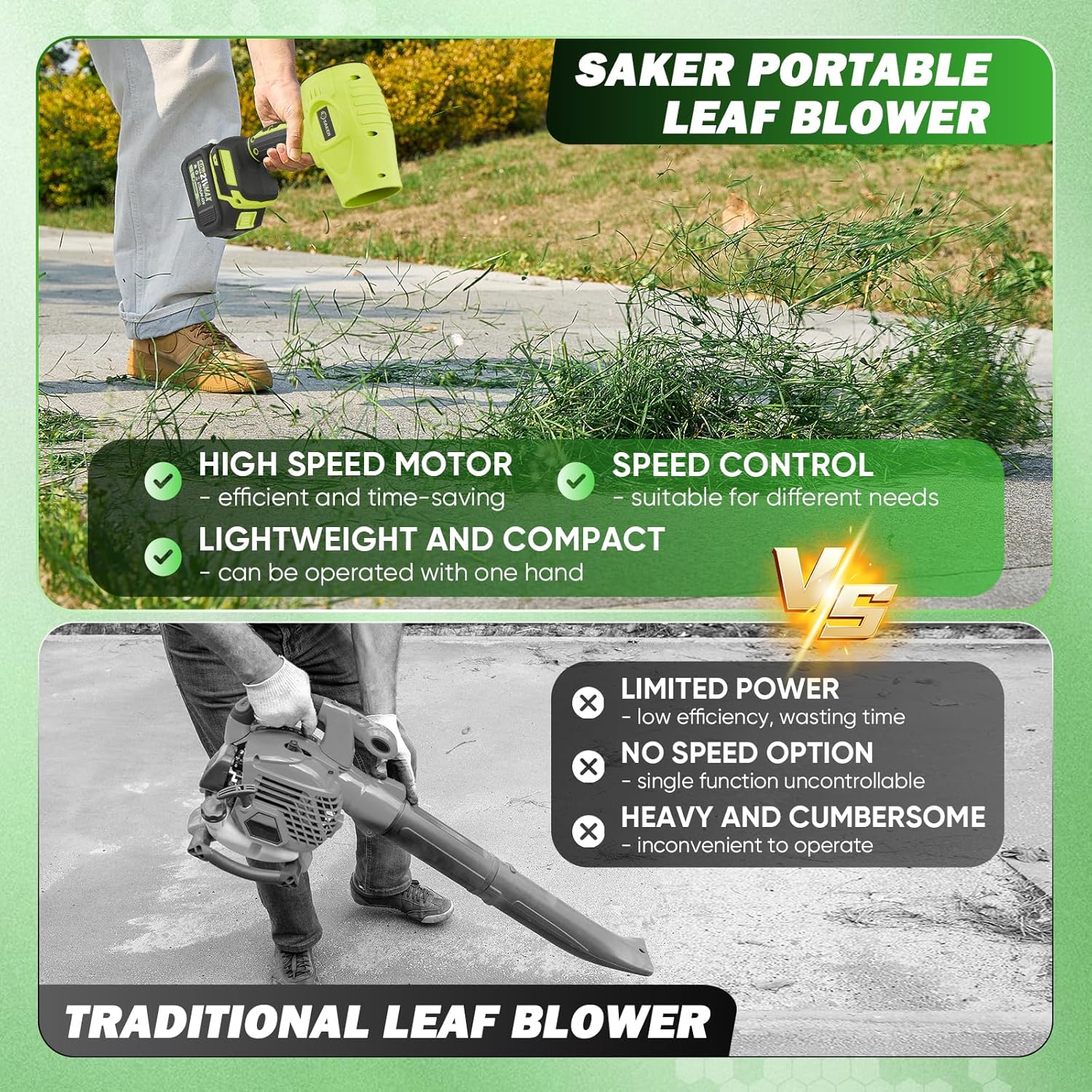 Saker Cordless Leaf Blower Handheld Blower Portable Dust Cleaner with Adjustable Speed for Drying Patio Cleaning Camping Gifts 1 Battery Green with Case