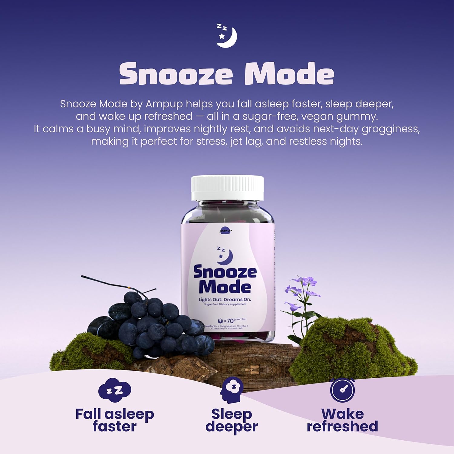 AmpUp Sleep Melatonin Sugar-Free Gummies with 5mg Melatonin, Magnesium, L-Theanine, Sleep Aid, Gluten Free, Gelatin Free, Non GMO, Vegetarian, Grape Flavor, 70 Gummies - Image 4