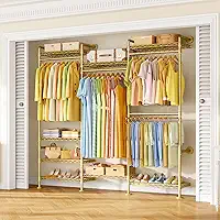 Suporte de roupas M6 para montagem na parede, sistema de guarda-roupa resistente com 8 prateleiras e 4 varões, 174 cm L x 30 cm P x 220 cm A, organizador de armazenamento de roupas para