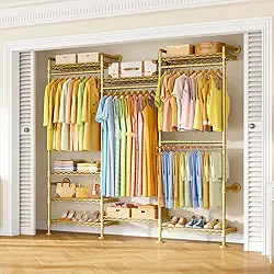 Suporte de roupas M6 para montagem na parede, sistema de guarda-roupa resistente com 8 prateleiras e 4 varões, 174 cm L x 30 cm P x 220 cm A, organizador de armazenamento de roupas para