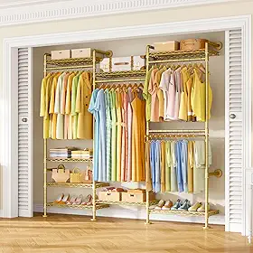 Suporte de roupas M6 para montagem na parede, sistema de guarda-roupa resistente com 8 prateleiras e 4 varões, 174 cm L x 30 cm P x 220 cm A, organizador de armazenamento de roupas para