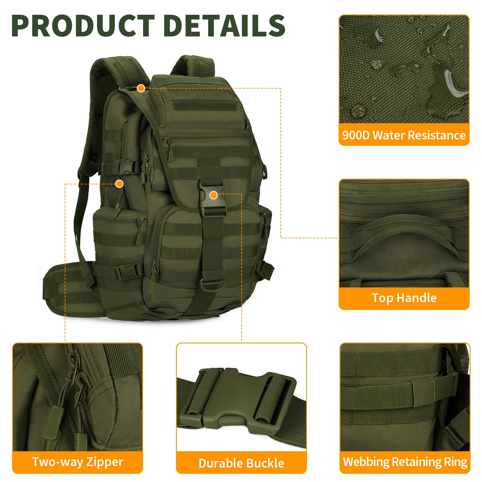 HUNTVP Wanderrucksack 50L Militar Rucksack Herren MOLLE Taktischer Rucksack Trekkingrucksack für Herren Damen Outdoor Wandern Trekking Camping