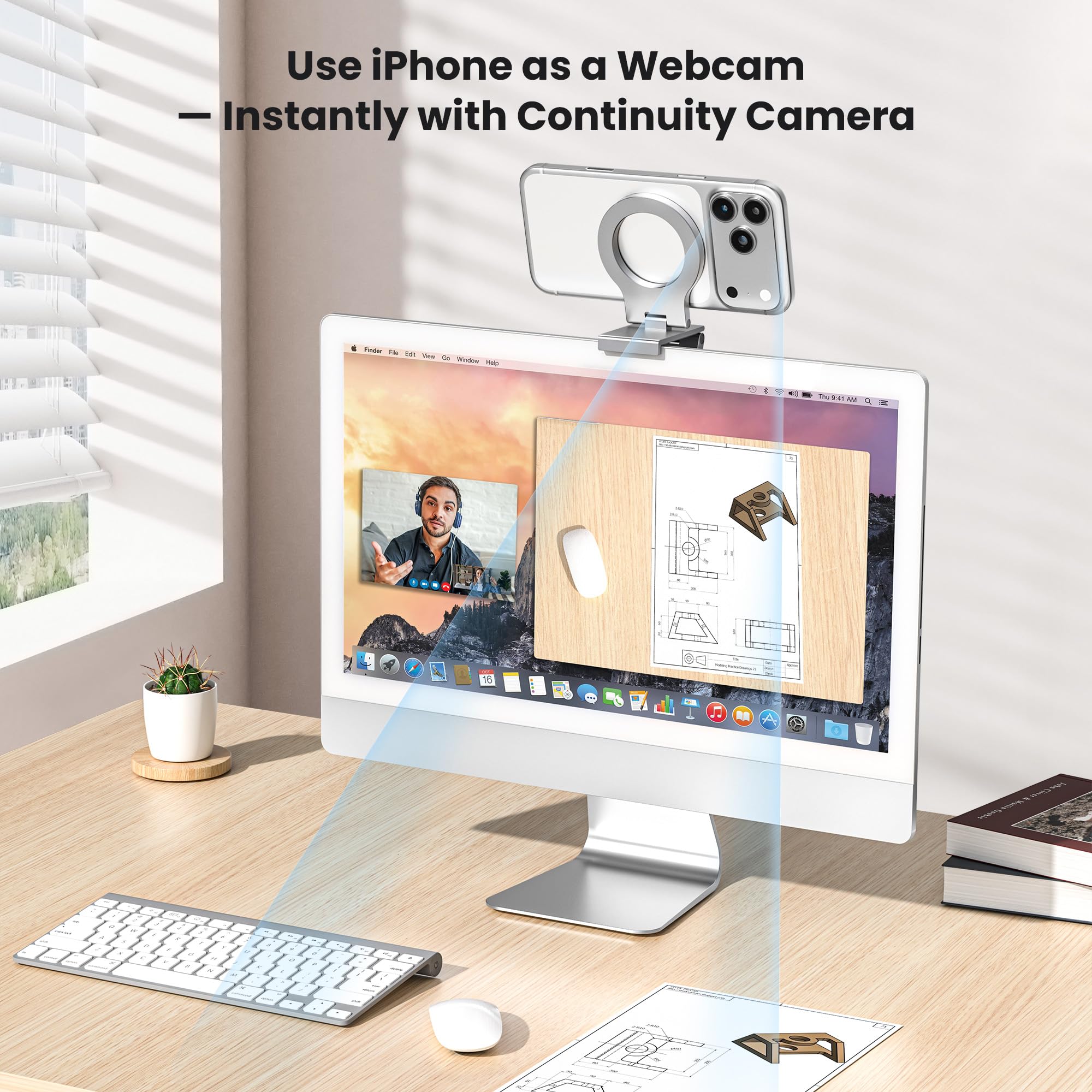 Itramax Support Caméra de Continuité,Support Magnétique à Angle Réglable pour Téléphone Portable et Webcam pour iPhone 17 16 15 13 14,Mag-Safe Case,iMac&MacBook macOS 13 Ventura,FaceTime,Standard-Gris