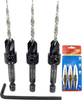 FTG USA 3-Pc #6 (9/64") Countersink Drill Bit Set with Tapered HSS M2 Bits & Hex Wrench for Woodworking