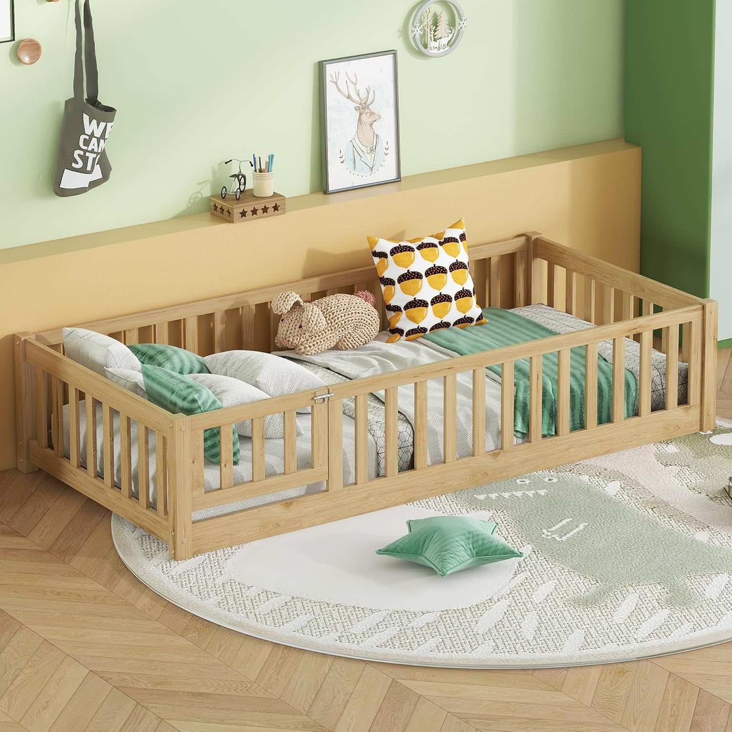 Twin Size Floor Bed with Door and Fence,Montessori Floor Bed with Slats and Safety Guardrails,Solid Wood Twin Size Floor Bed Frame for Girls Boys,Kids Montessori Bed Twin Size,Natural With Door Natural Twin Size