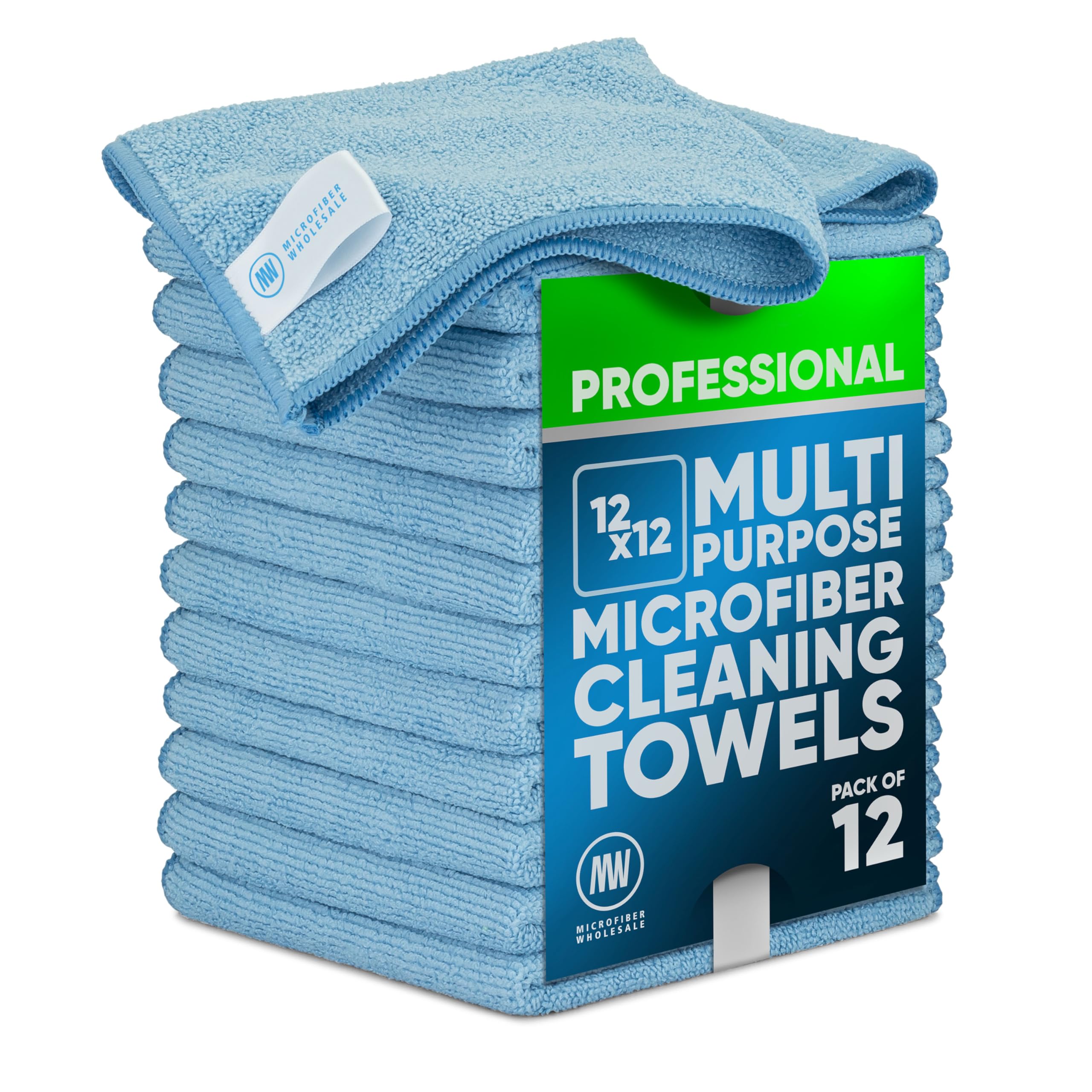 MW PRO Microfiber Cleaning Cloths Blue (12 Pack, 12x12) - Commercial Janitorial Towels & Lint Free Rags - Heavy Duty for Auto Detailing, Glass Windows, Housekeeping & Screens - Washable 300+ Times