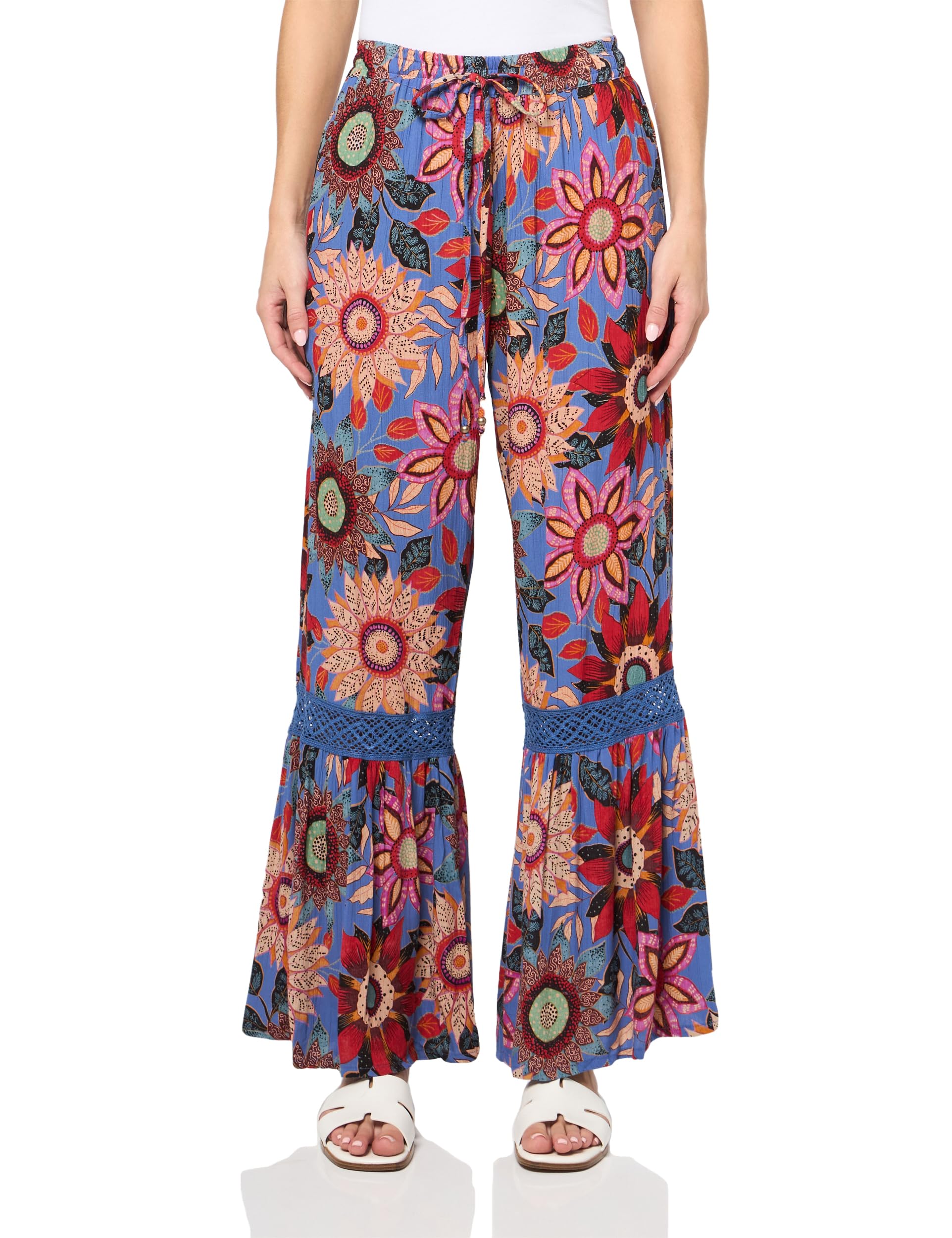 Angie Womens Angie Womens Corchet Trim Flare Leg Pant with Tie Waist