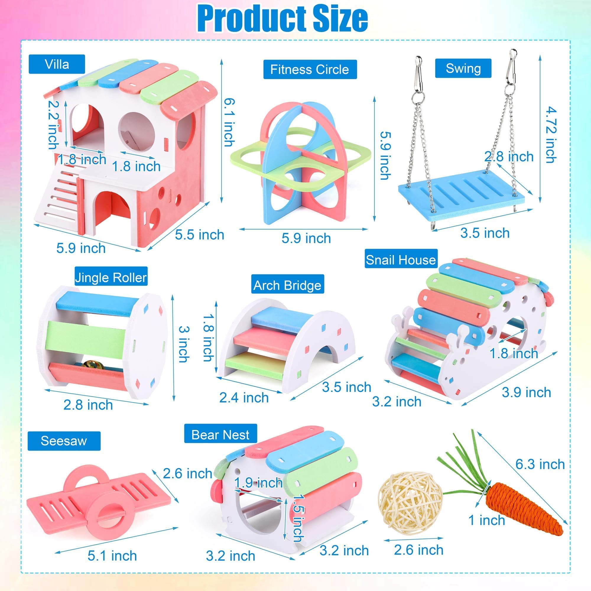 MCEAST 10-teiliges lustiges Hamsterspielzeug-Set beinhaltet DIY Holz Rennmäuse Versteck Hamsterhaus Regenbogen Brücke Wippe Schaukel Roller Haustier Übung Kauspielzeug Meerschweinchen Käfig Zubehör