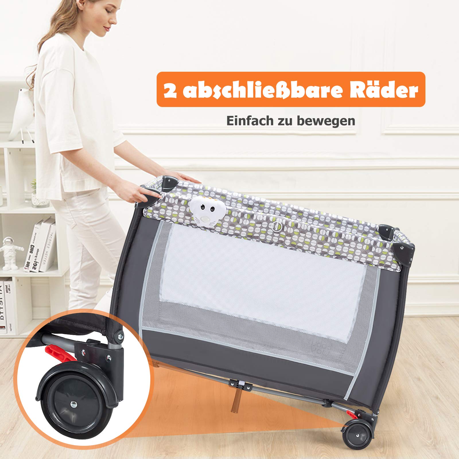 COSTWAY 3 in 1 klappbares Reisebett & Wickeltisch & Laufstall mit abnehmbarem und verstellbarem Moskitonetz, inkl. Spieluhr, Spielbogen, Wickelauflage, Matratze, Windel Organizer und Tragetasche