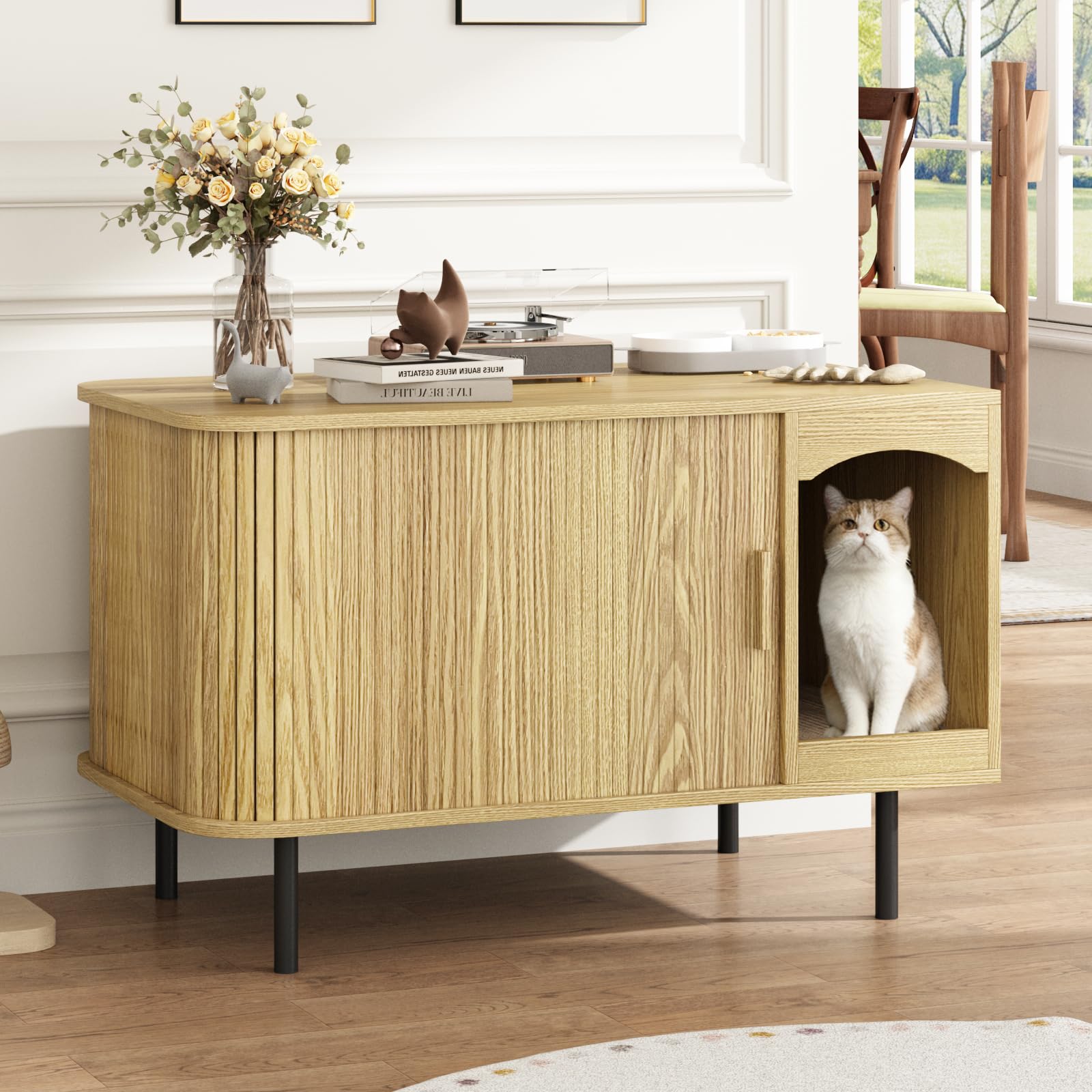 WINWY Cat Litter Box Enclosure Furniture, Fluted Hidden Litter Box Furniture with Scratching Pad, Large Wood Cat House Indoor Modern Cabinet Side End Table for Living Room, Entryway, Natural