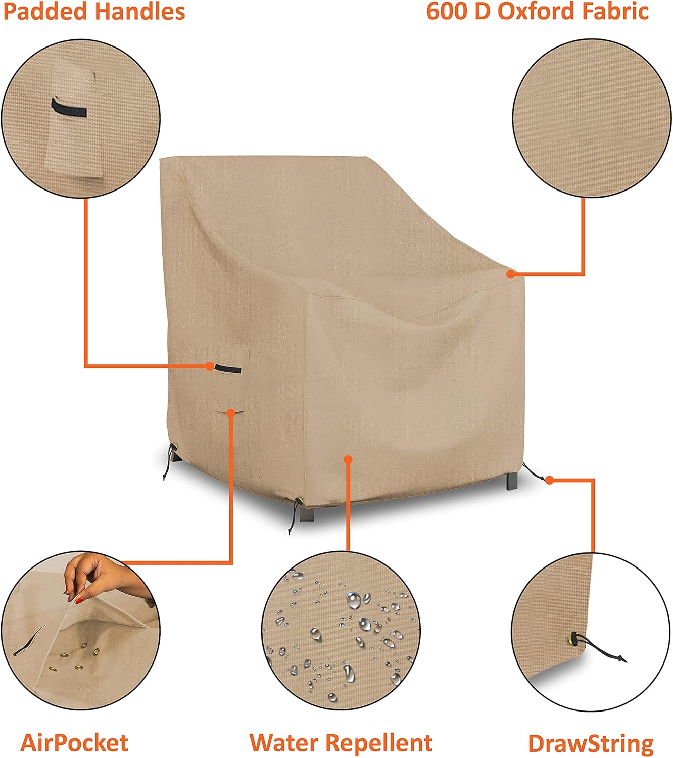 Outdoor Chair Cover Pack of 2 600 D Oxford Fabric - 100% Water Repellent & Weather Resistant Stackable/Patio Chair covers with Air Pocket & Drawstring for Snug Fit (36"L x 37"D x 36"H, Beige)