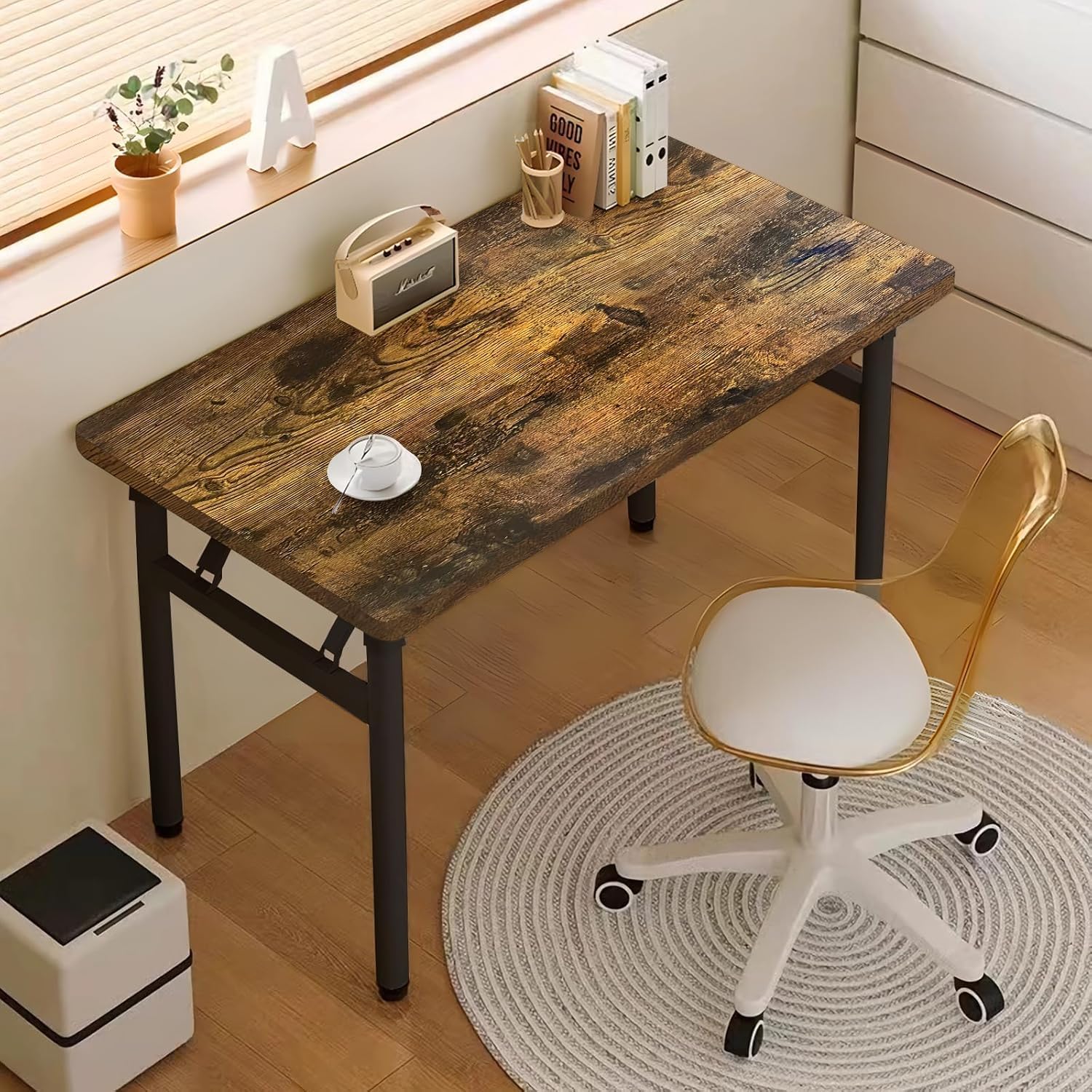 XUEGW Modern Computer Desk Writing Table No Assembly Required, Study Table Foldable Desk Space Saving for Study Room,Bedroom,Home Office