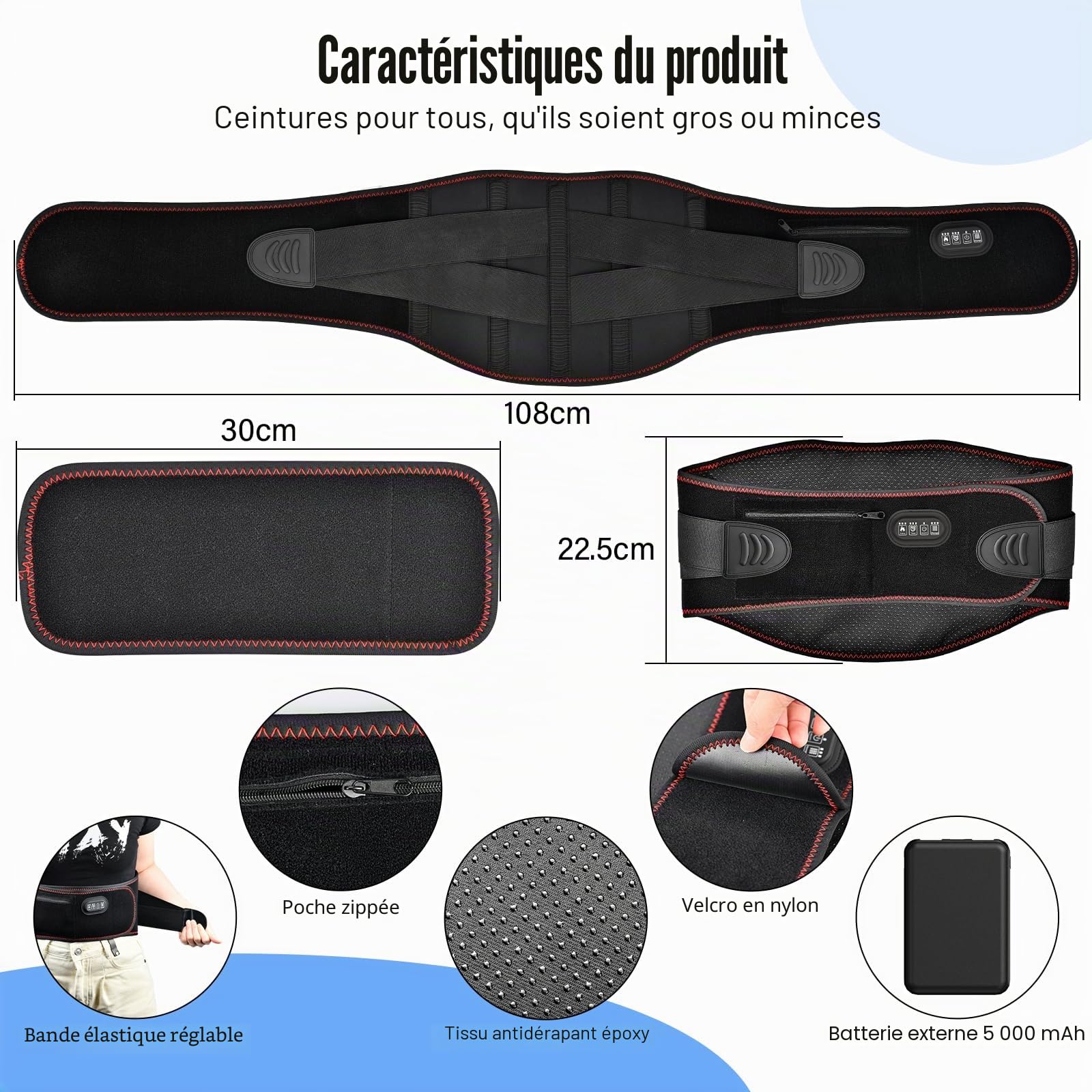 Ceinture Chauffante Lombaire avec 3 Modes de Massage et 3 Niveaux de Température, Timer pour Soulager les Douleurs Lombaires et Abdominales