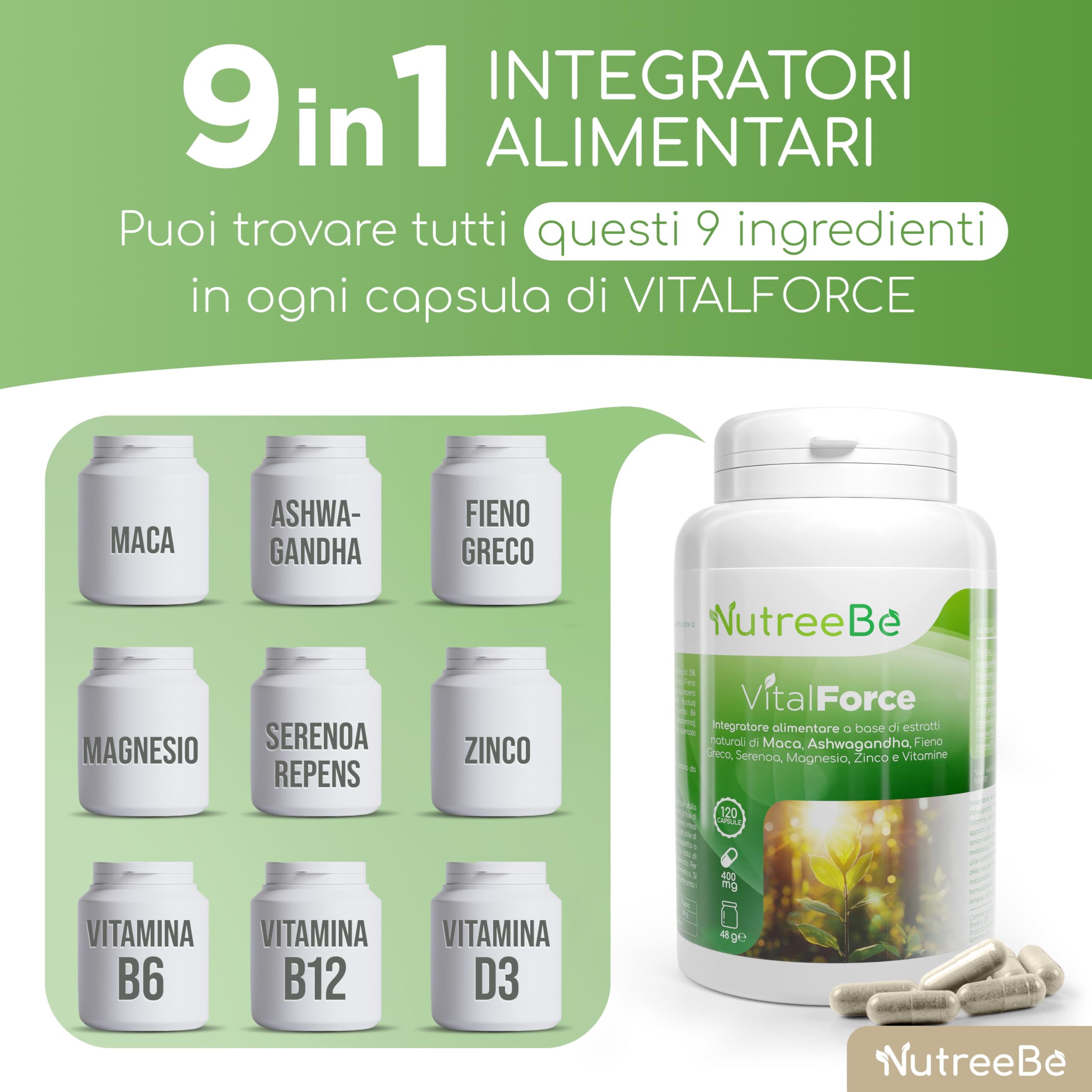 NutreeBe VitalForce - Integratore Uomo Donna a Base di Maca Peruviana, Fieno Greco, Ashwagandha (120 Capsule) Integratori Stanchezza Fisica e Mentale con Principi Attivi Naturali, Prodotto in Italia