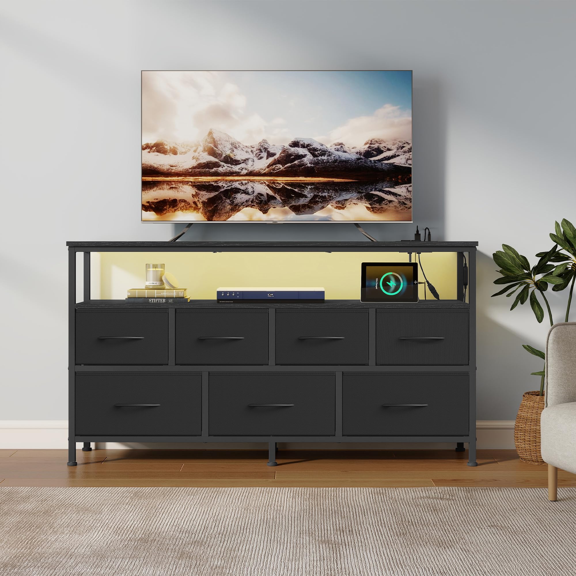 SONGMICS Chest of Drawers with LED Lights and Charging Station, Fabric Storage Cabinet, 7 Drawers, Open Shelf, 113.8 x 30 x 68.1 cm, Ink Black, Bedroom Furniture, Bellah Collection LGS733BH03