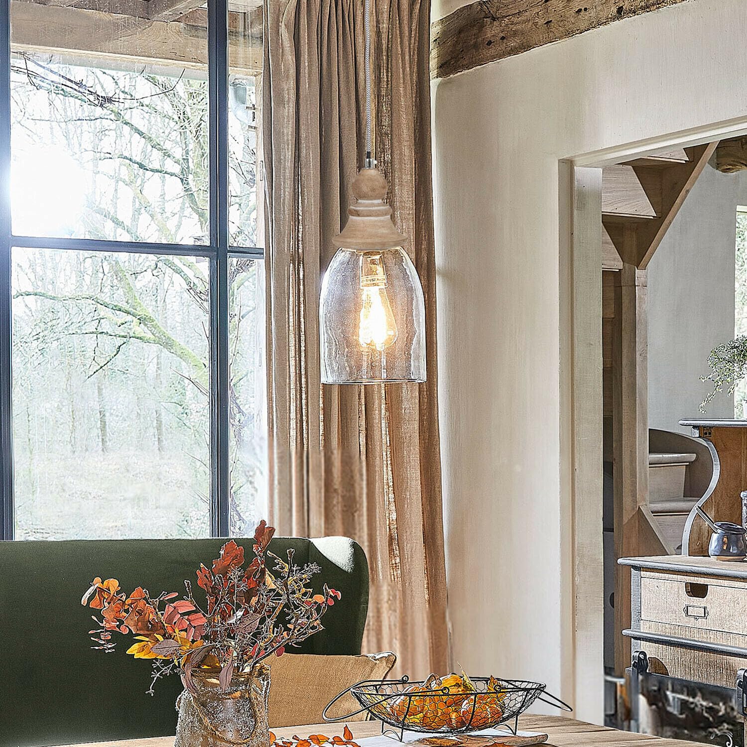 LOBERON Raina Suspension - Abat-jour en verre transparent résistant - Élément ouvragé en bois finition ancienne, transparent