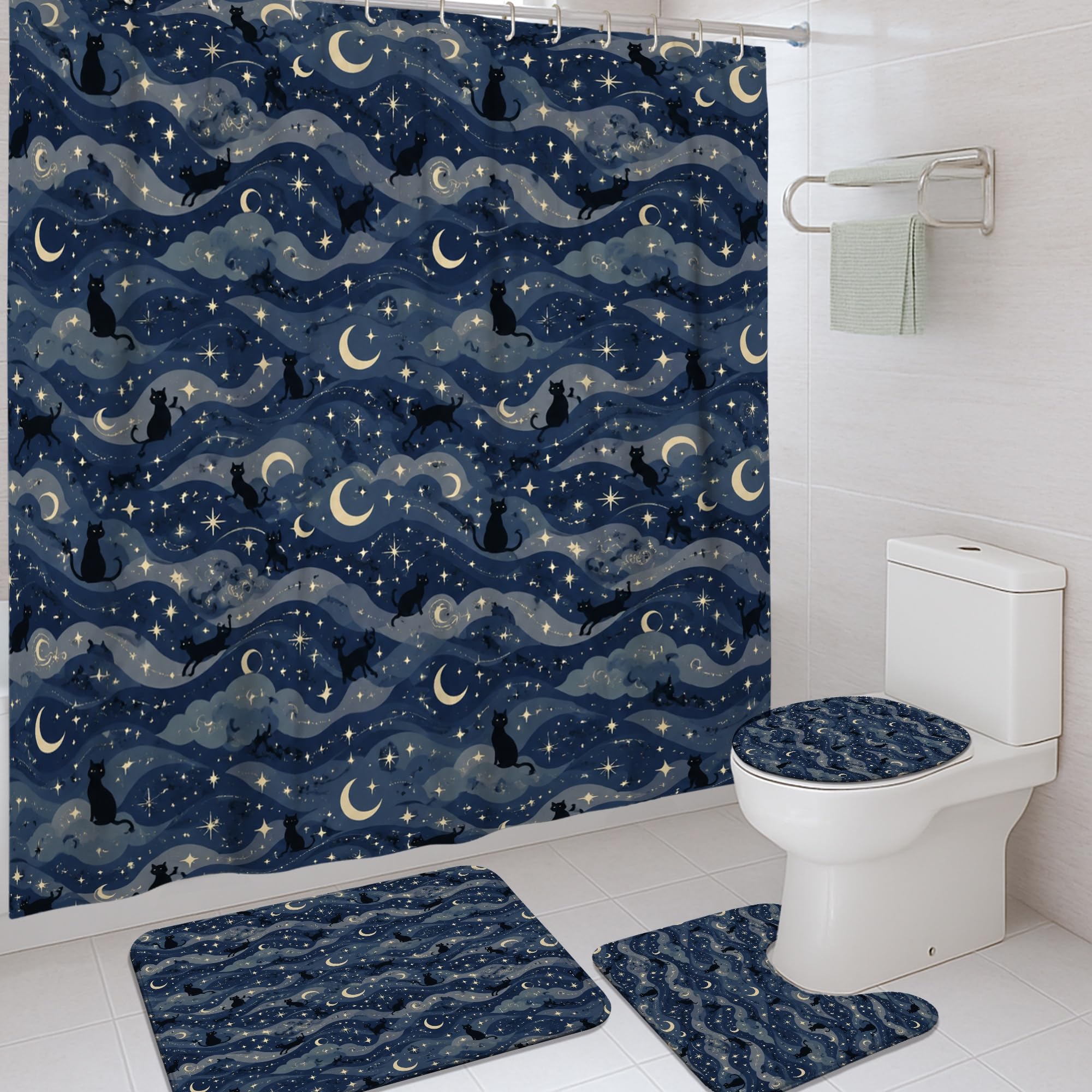 Rideau de douche polyester imperméable bleu marine 183x183 cm motif Halloween