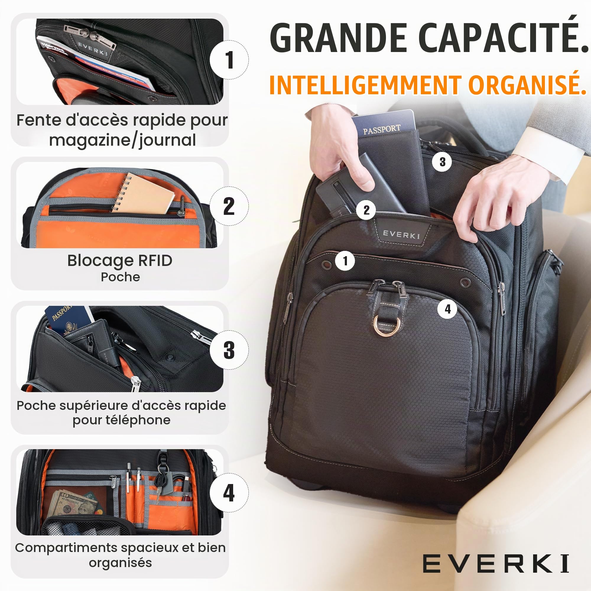 EVERKI Grand Sac à Dos à roulettes avec Compartiment réglable de 33 à 44 cm, EKP122B-ECO Atlas Wheeled 2, Noir, 43,2 cm